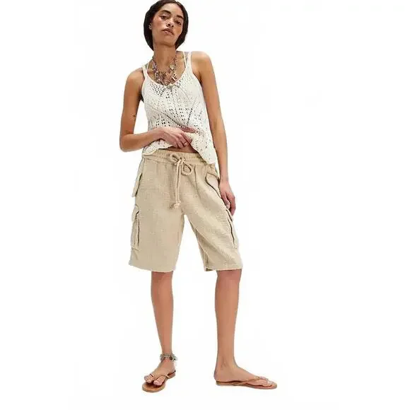 Free People Sea La Vie Cargo Shorts Mid Rise Pull-on Beach Beige Sz S #765 - Picture 1 of 13